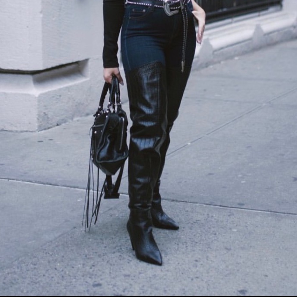 Raye the Label Black Croc-Embossed Thigh High Boots from Revolve